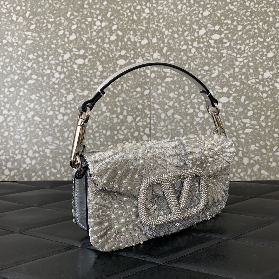 Valentino Garavani Loco Small Embroidered Shoulder Bag in Light Grey